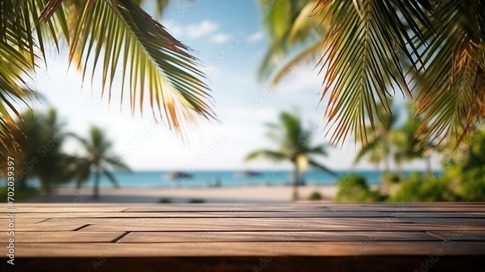Empty wide Table top wooden bar with blurred beautiful beach scene background coconut leaf on frame for product display mockup outside summer day time. Resort clean wood desk board on nature view. Empty wide Table top wooden bar with blurred beautiful beach scene background coconut leaf on frame for product display mockup outside summer day time. Resort clean wood desk board on nature view.