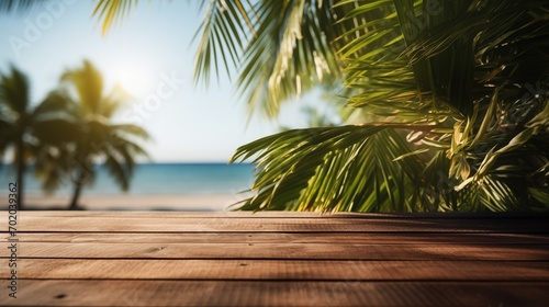 Empty Wooden Table with Tropical Beach and Palm Tree View - Serene Vacation Background, Escape to Paradise: Sunny Tropical Beach Getaway with Coconuts, Palms, and Ocean View