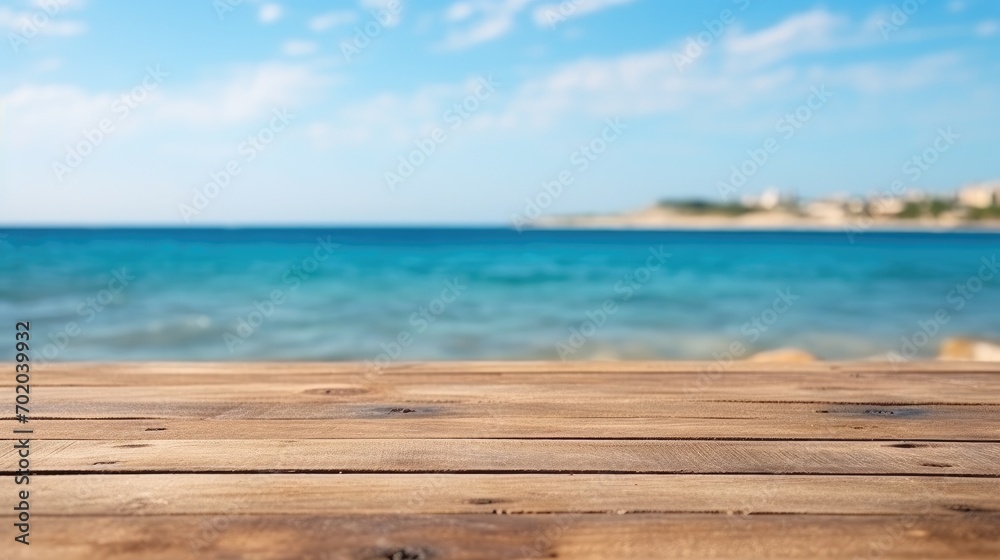 Empty wide Table top wooden bar with blurred beautiful beach scene background coconut leaf on frame for product display mockup outside summer day time. Resort clean wood desk board on nature view.