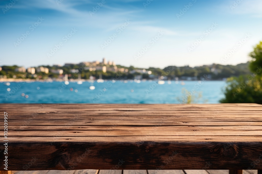 Empty wide Table top wooden bar with blurred beautiful beach scene background coconut leaf on frame for product display mockup outside summer day time. Resort clean wood desk board on nature view.