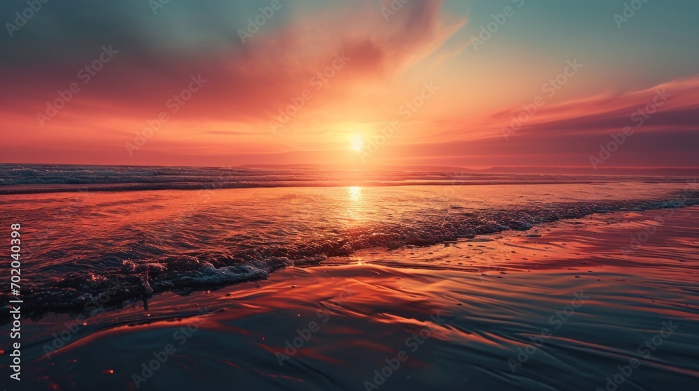 The sun sets over the ocean, its last rays painting the waves in hues of fiery orange and calming blue, a daily rhythm of natural splendor.