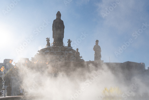 View of Ba Den mountain tourist area, Tay Ninh province, Vietnam. A unique Buddhist architecture with the highest elevation in the area view from below is very beautiful.