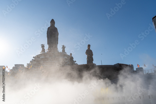 View of Ba Den mountain tourist area, Tay Ninh province, Vietnam. A unique Buddhist architecture with the highest elevation in the area view from below is very beautiful.