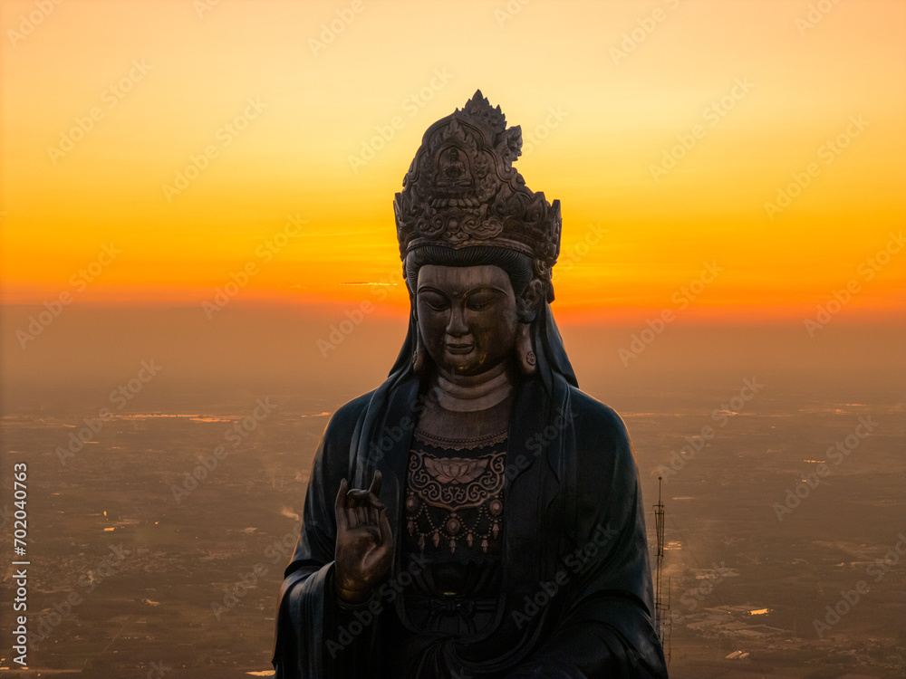 View of Ba Den mountain tourist area, Tay Ninh province, Vietnam. A unique Buddhist architecture with the highest elevation in the area view from below is very beautiful.