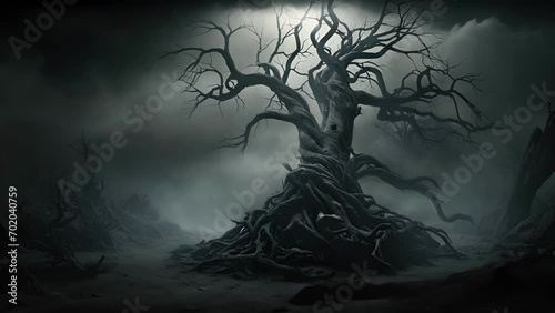 A withered tree with gnarled branches twists darkly against a blackened night sky a bonewhite fog carpeting the twisted roots. photo