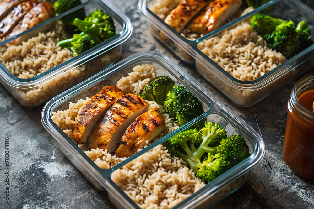  Meal prep containers with grilled chicken, brown rice, and steamed broccoli. 
