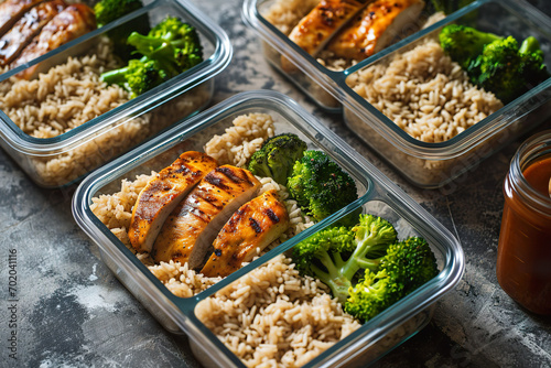  Meal prep containers with grilled chicken, brown rice, and steamed broccoli.  photo