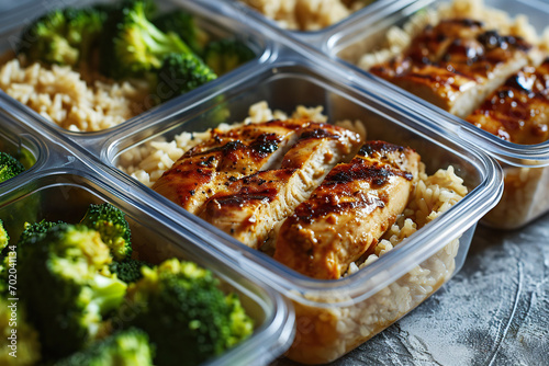  Meal prep containers with grilled chicken, brown rice, and steamed broccoli.  photo