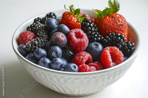 A white bowl of mixed fresh berries on white background. 