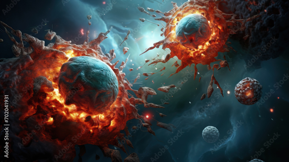 Cancer cell attacking another cell - obrazy, fototapety, plakaty 