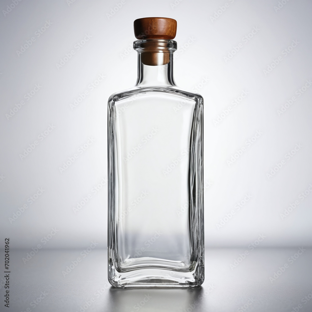 unique shape of clear glass empty bottle, for drink, medicine, perfume, alcohol, wine or vodka bottle with wooden cap. Isolated on gray background. Stock mock up.