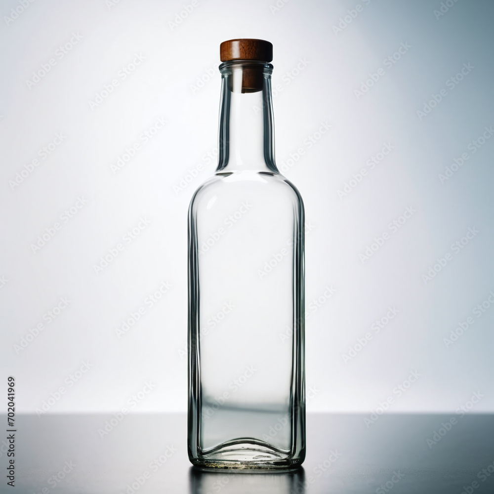 unique shape of clear glass empty bottle, for drink, medicine, perfume, alcohol, wine or vodka bottle with wooden cap. Isolated on gray background. Stock mock up. - obrazy, fototapety, plakaty 