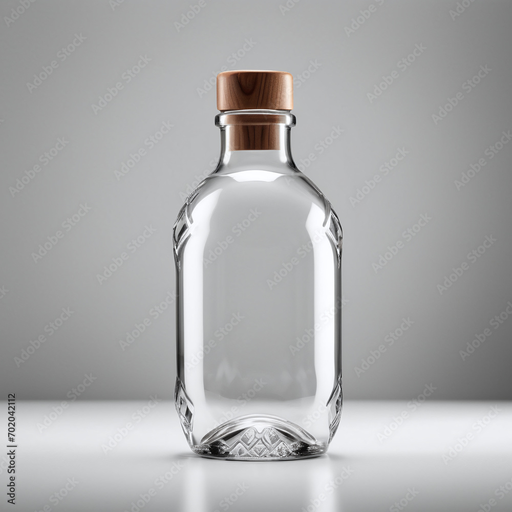 unique shape of clear glass empty bottle, for drink, medicine, perfume, alcohol, wine or vodka bottle with wooden cap. Isolated on gray background. Stock mock up. unique shape of clear glass empty bottle, for drink, medicine, perfume, alcohol, wine or vodka bottle with wooden cap. Isolated on gray background. Stock mock up.