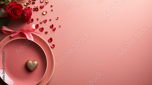Valentine's Day Dinner Plate or Place Setting - Single Dinner Plate with Heart and Flower Decor - On Pink and Red Gradient Background - Overhead Flat Lay View with Copy Space  photo