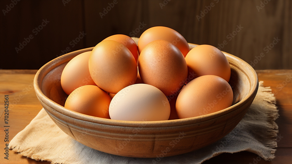 Basket of fresh eggs on a wooden table. Basket of fresh eggs on a wooden table.