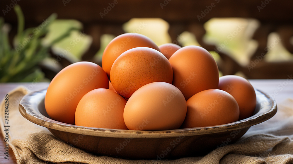 Basket of fresh eggs on a wooden table. Basket of fresh eggs on a wooden table.