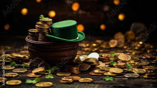 St. Patrick's Day background with green leprechaun hat and coins