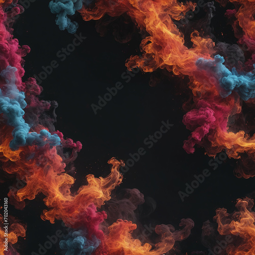 colorful flame fire and smoke isolated in dark black background