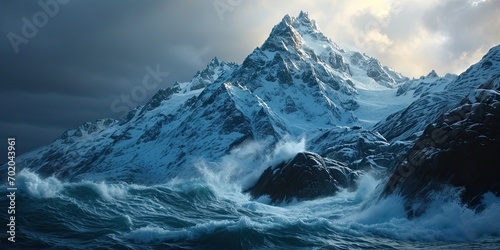 Majestic Snowy Mountain Peak with Stormy Seas