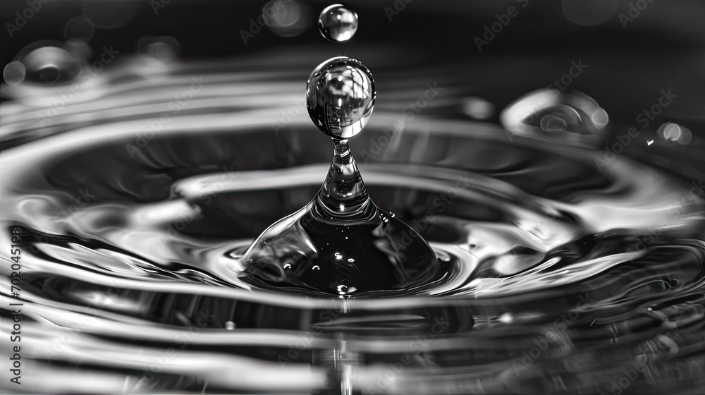 a drop of water dropping from above - black and white photo
