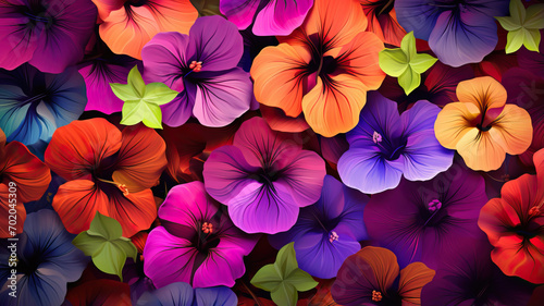 colorful petunia flowering plant flowers and green leaves wall background 