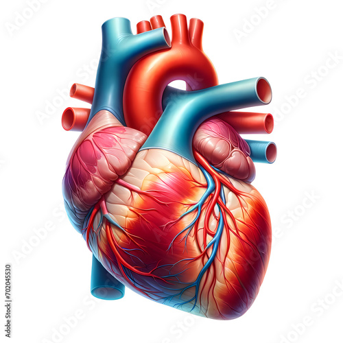 A high quality medical illustration showcasing the detailed anatomy of the human heart with precision. The accurate depiction highlights the intricate structures and vessels against white background. photo