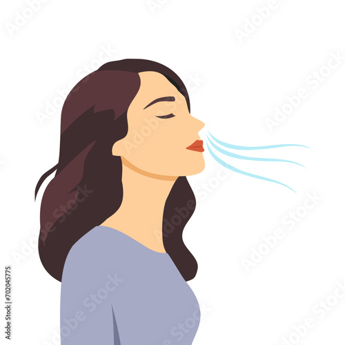 Woman breathing fresh air in flat design vector illustration. Female sense of smell inhale or exhale with line decoration.
