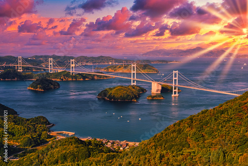 しまなみ海道の来島海峡大橋と美しい夕景 photo