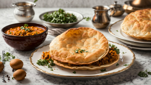 Present Bhature on an elegant plate against a white background, allowing viewers to appreciate the dish's authenticity and mouthwatering aesthetics photo