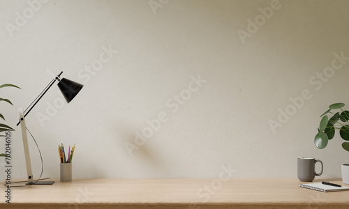 Minimal cozy table mockup design for product presentation background. Desk setup in modern style with wood top counter and warm white wall for study read learn write. Workstation. 3D render.