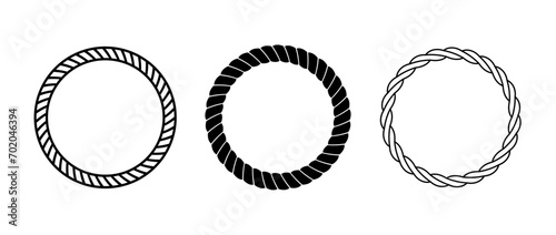 Rope frame set. Round cord border collection. Circle rope wreath loop pack. Chain, braid or plait border bundle. Circular design elements for decoration, banner, poster. Vector decoration frames photo