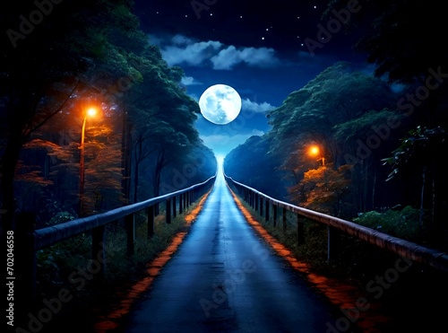 A beautiful road through the moonlight on a beautiful night, beautiful night background
