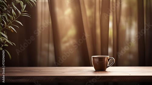 background wooden table on defocused window with curtain and a cup