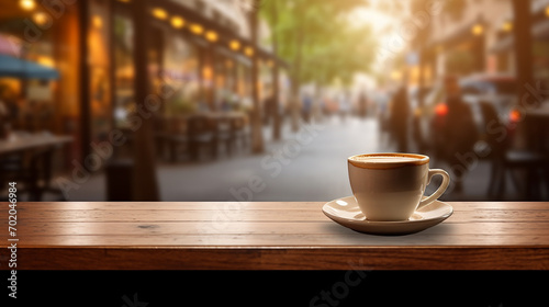 blank wooden table with blurred montage coffee shop and a cup of coffee