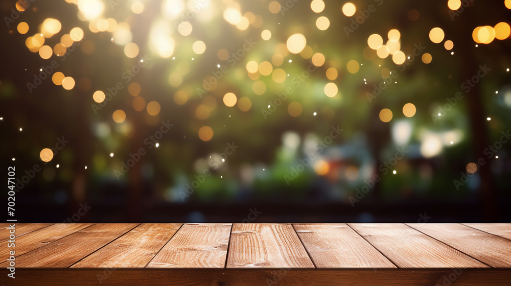 empty wooden deck table with park bokeh background empty wooden deck table with park bokeh background