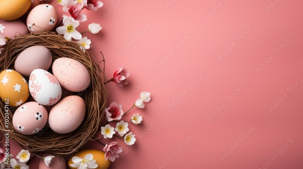 pink Easter eggs in a wooden basket with pink background.