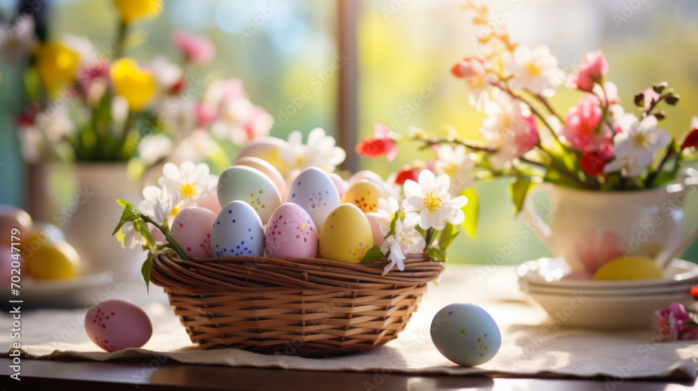 colorful Easter eggs in a wooden basket with green natural background with morning sunrays. 