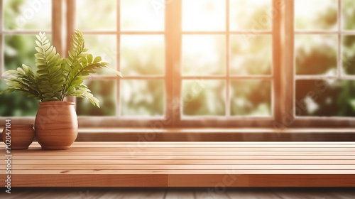 empty wooden table and window room interior decoration with sunlight photo