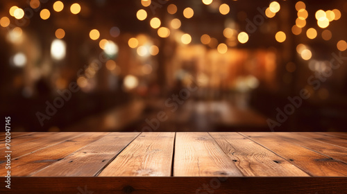 image of wooden table in front of abstract blurred background photo