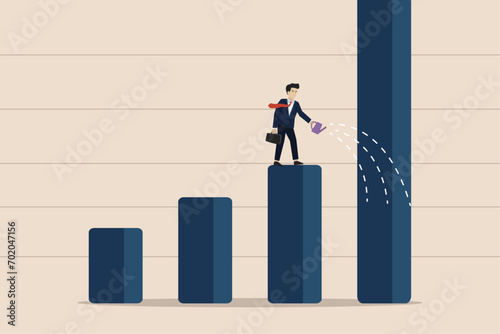 Grow your business, career development, growth, improve company profit, salary increase or earn more income concept, ambitious businessman pouring water to grow graph plant