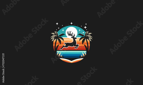deer jump on beach and palm vector logo design