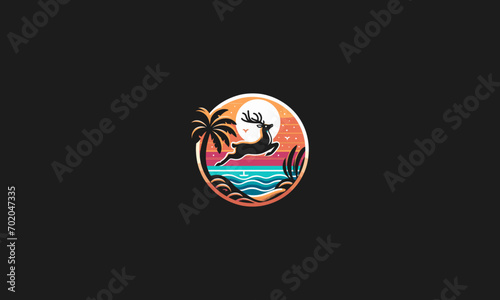 deer jump on beach and palm vector logo design