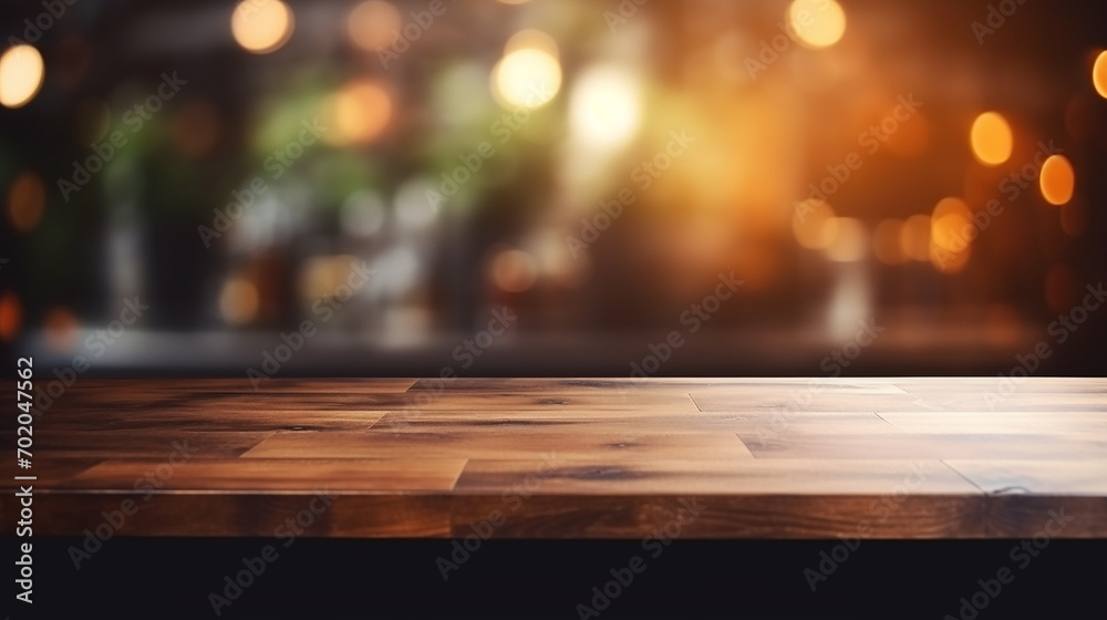 wooden table background of free space for your decor with blurred lights - obrazy, fototapety, plakaty 