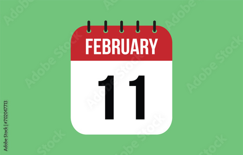 11 February calendar icon. Green calendar vector for February weekdays. Calendar page design on isolated background