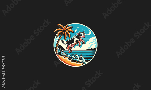 cow jump on beach and palm vector logo design