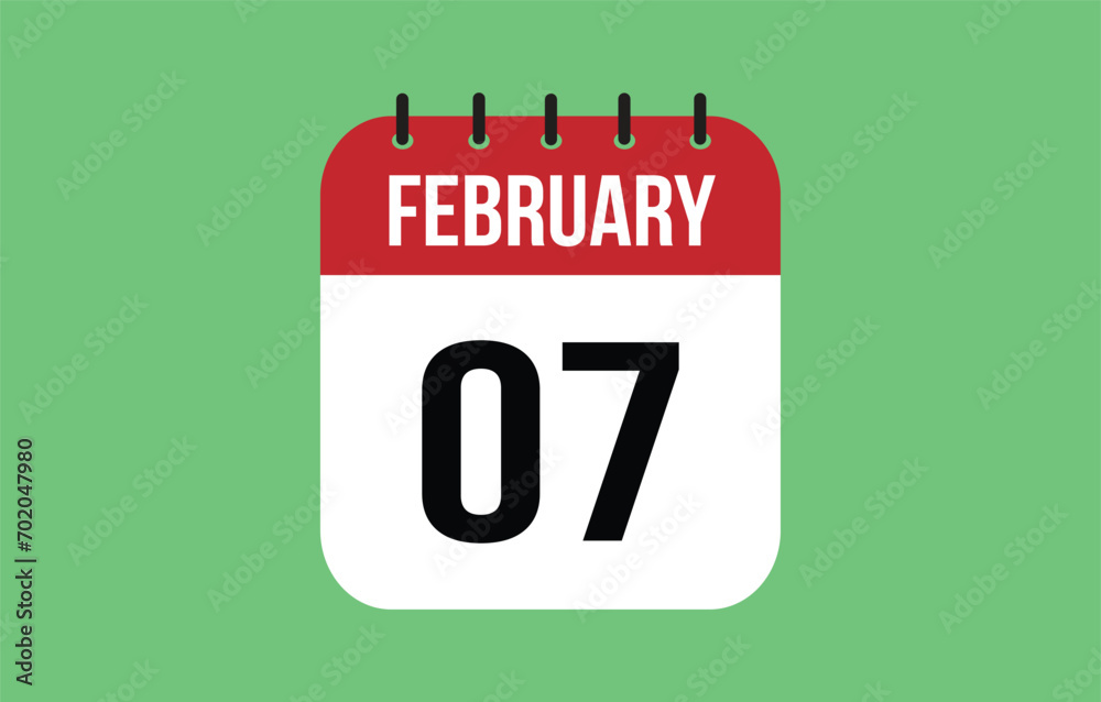 7 February calendar icon. Green calendar vector for February weekdays. Calendar page design on isolated background 7 February calendar icon. Green calendar vector for February weekdays. Calendar page design on isolated background