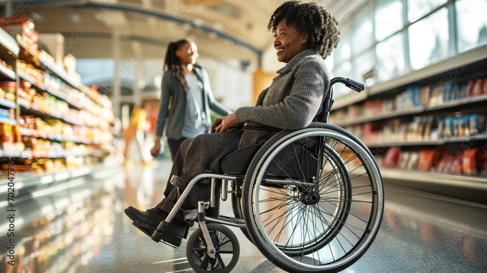 Obraz premium Disabled senior woman in a wheelchair enjoys shopping in a modern supermarket