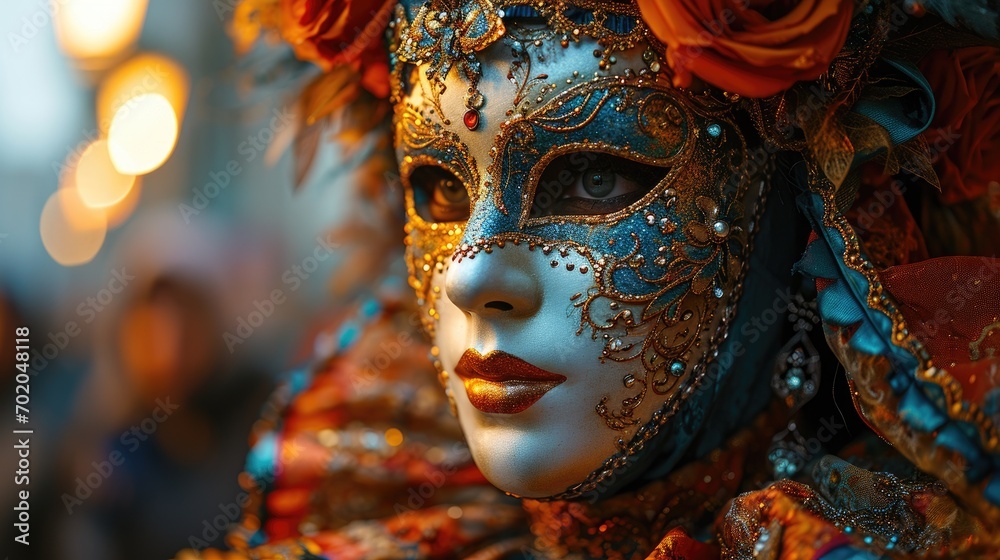 woman wearing a colorful eleborate venetian carneval mask