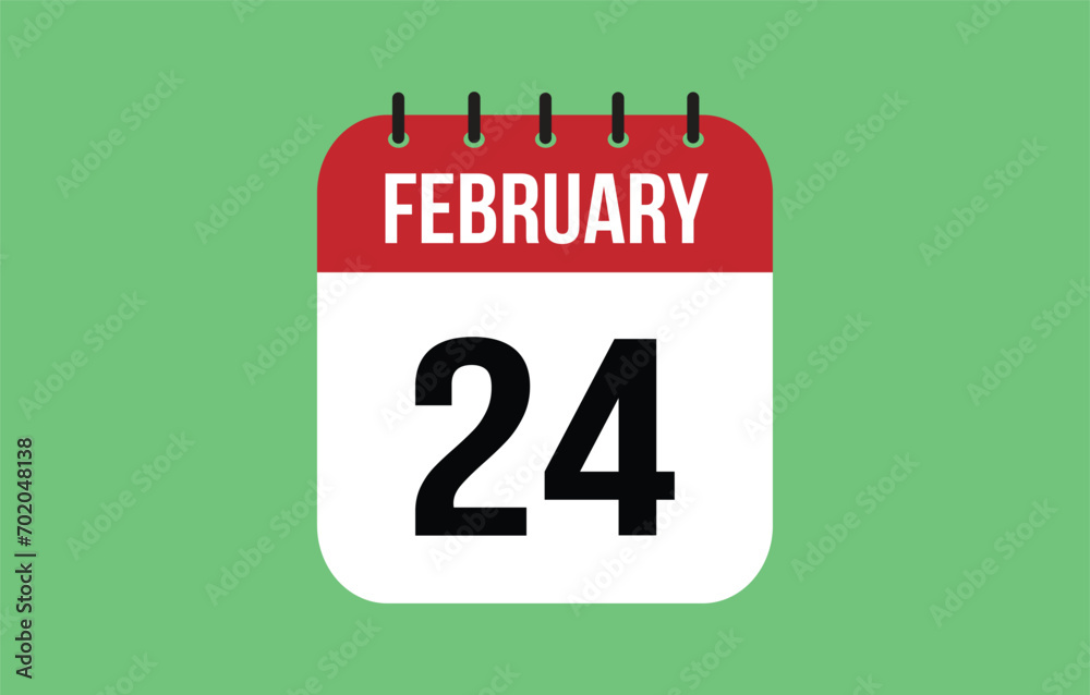 24 February calendar icon. Green calendar vector for February weekdays. Calendar page design on isolated background 24 February calendar icon. Green calendar vector for February weekdays. Calendar page design on isolated background
