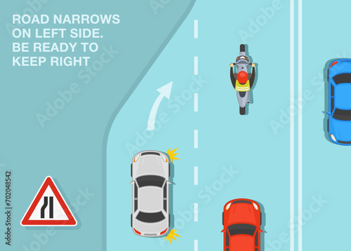 Safe driving tips and traffic regulation rules. Road narrows on left side, be ready to keep right. Top view of traffic flow. Flat vector illustration template.